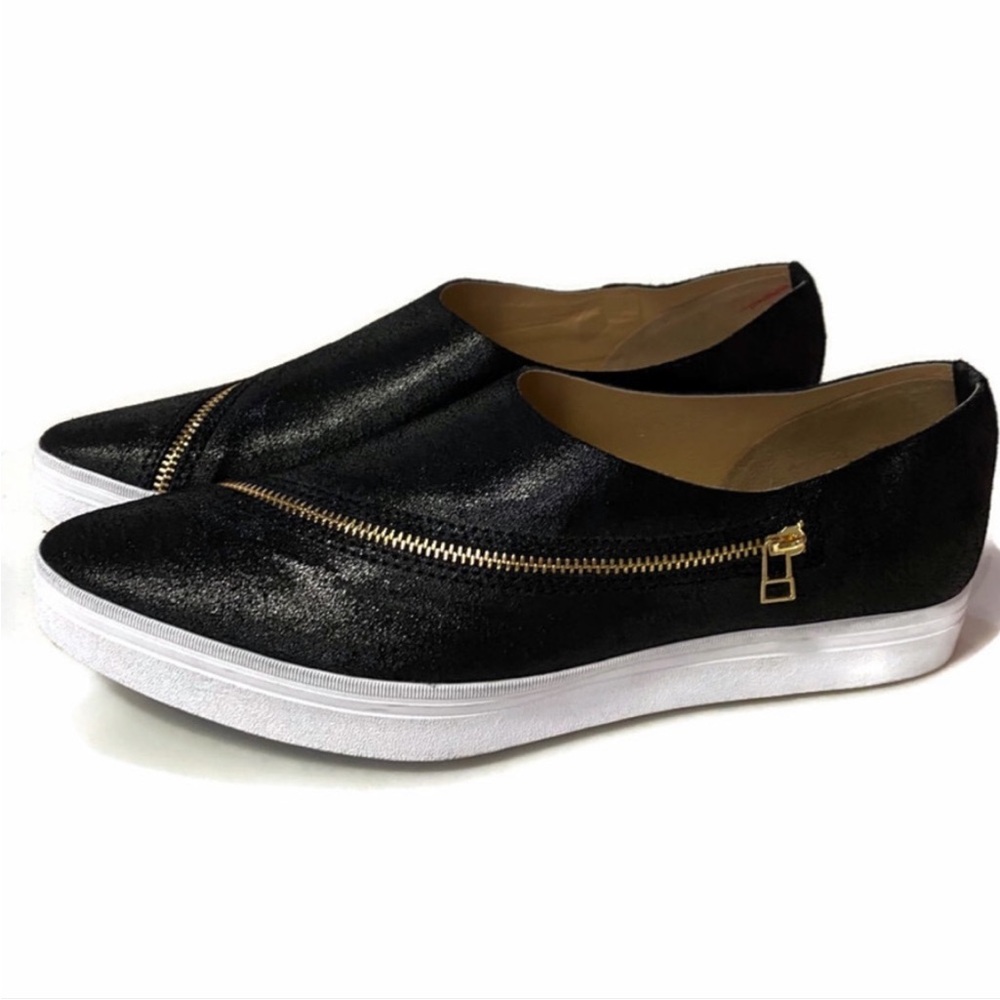 Anthropologie All Black Sneakers with Metallic Zipper and White Sole